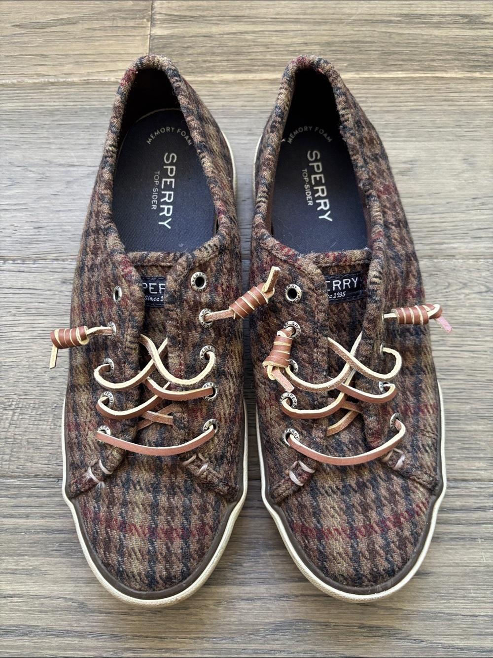 Sperry | Pier Wave LLT Brown Plaid Wool Sneakers with Leather Laces Size 8
